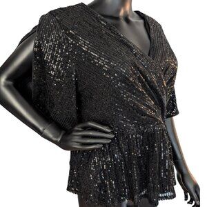 Grace Karin Black Sequin Peplum Top XL V-Neck Flutter Sleeve Party Blouse